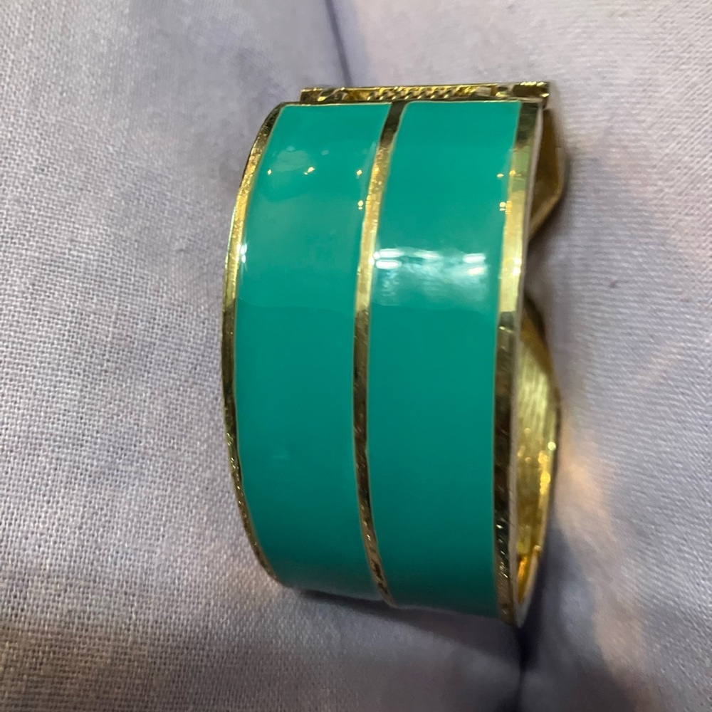 Vintage enamel hinged clamper bangle bracelet aqua golden - Picture 5 of 6